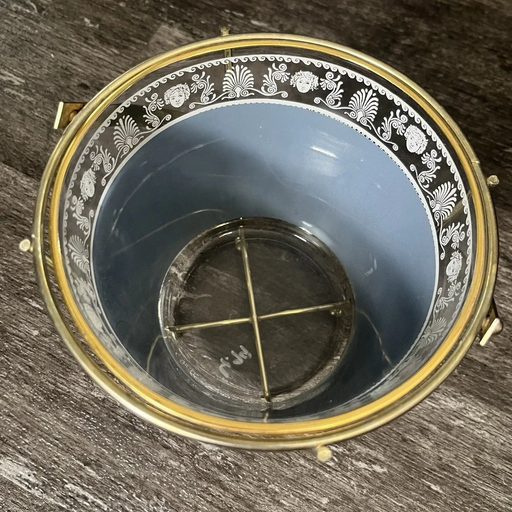 Vintage Jeanette Ice Bucket‎ Glass Greek Roman Blue White Brass Carrier MCM